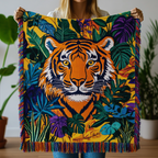 Tiger in the Jungle woven sofa throw – tiger among jungle leaves