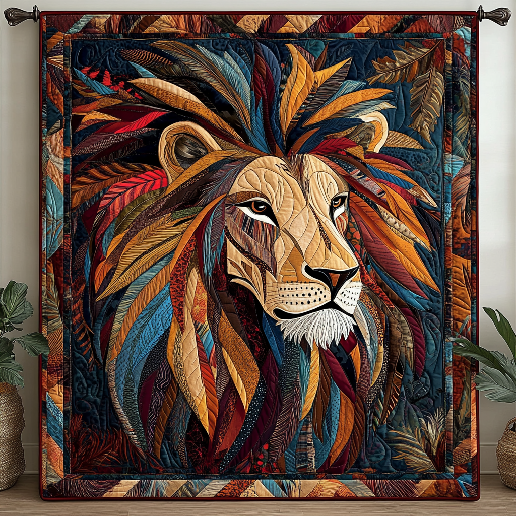 Savannah Lion quilted throw – lion with a feather-like patchwork mane