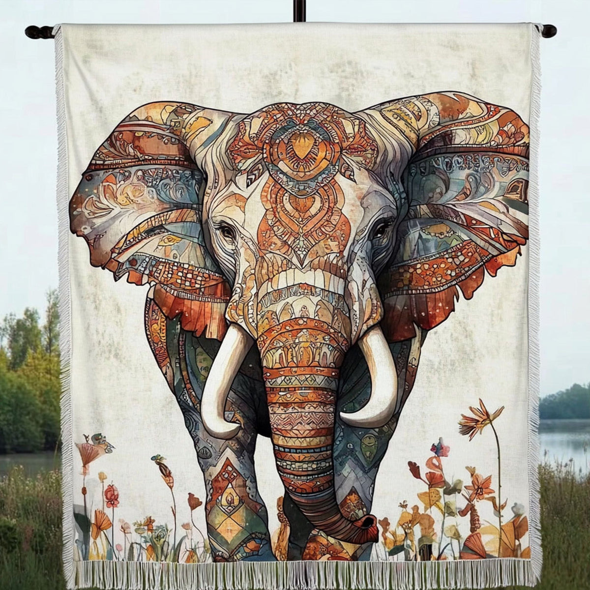 Henna Elephant quilted throw – elephant with henna-style patterns on white
