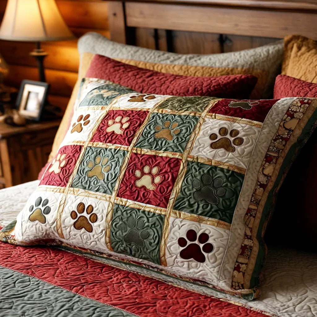 Quilted pillowcase with the Scarlet Paws design of bold deep scarlet paw prints marching across a cream ground