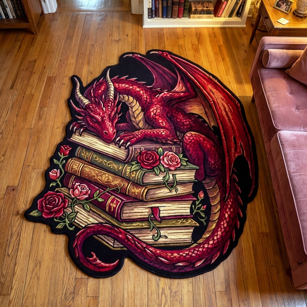Scarlet Lore shaped rug – red dragon round books