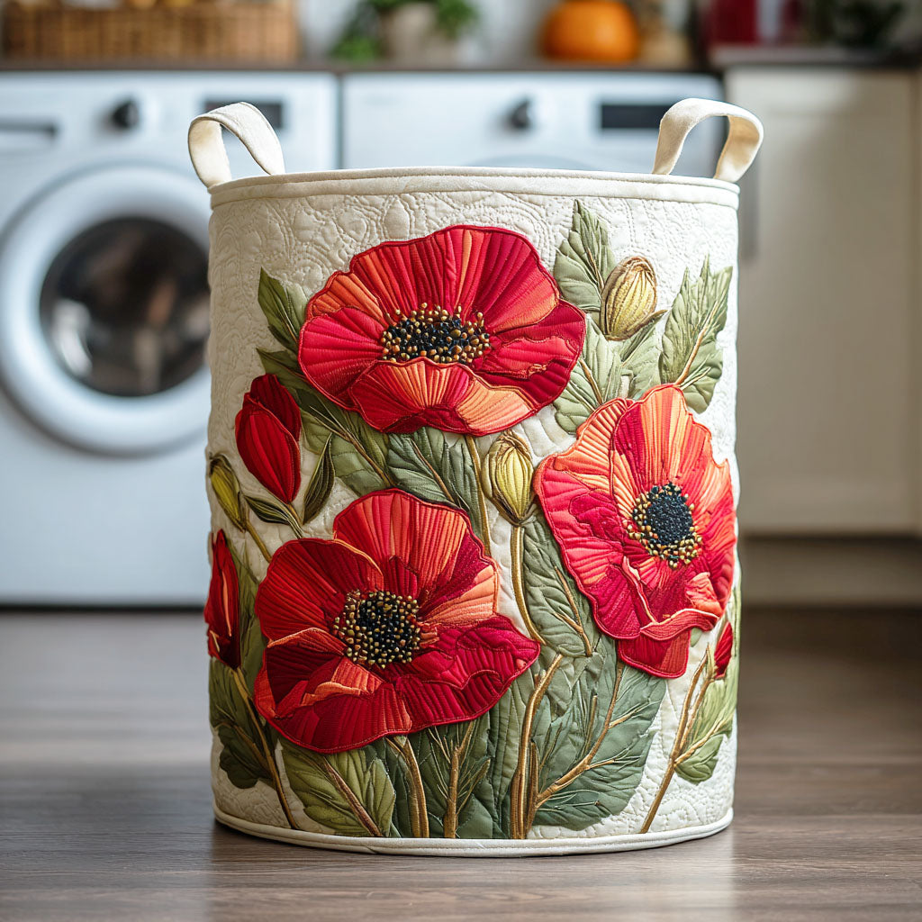 Quilted laundry basket with scarlet poppies on cream