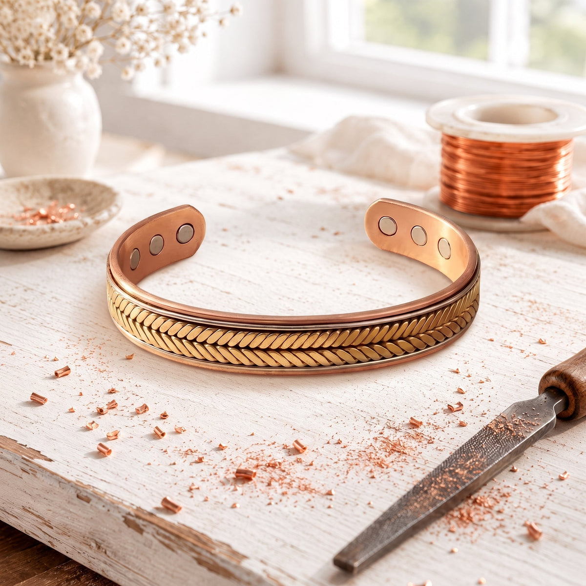 Magnetic copper cuff with a golden herringbone band