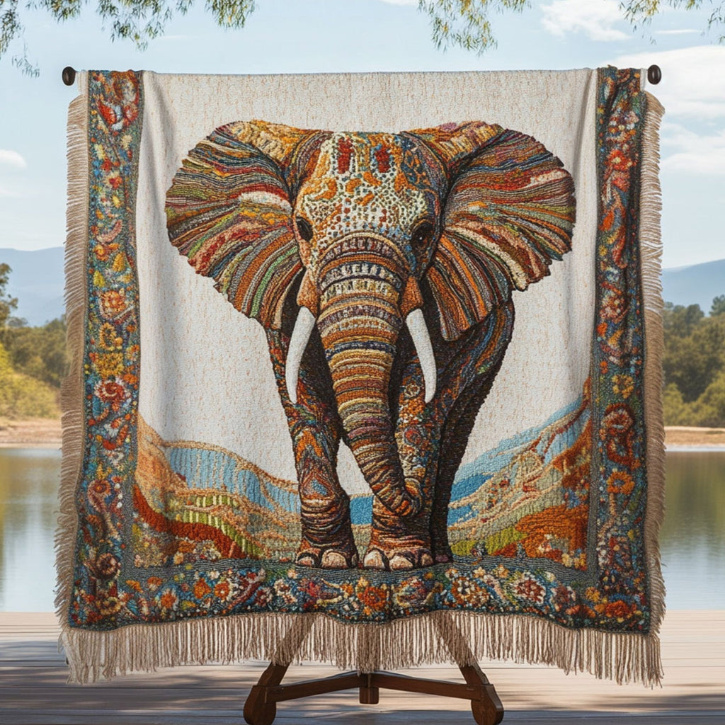 Tapestry Elephant fringed throw – tapestry-style elephant with ornate border