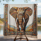 Tapestry Elephant fringed throw – tapestry-style elephant with ornate border