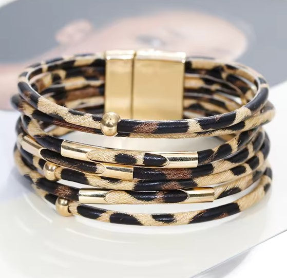 Layered leopard print and gold-tone wrap bracelet