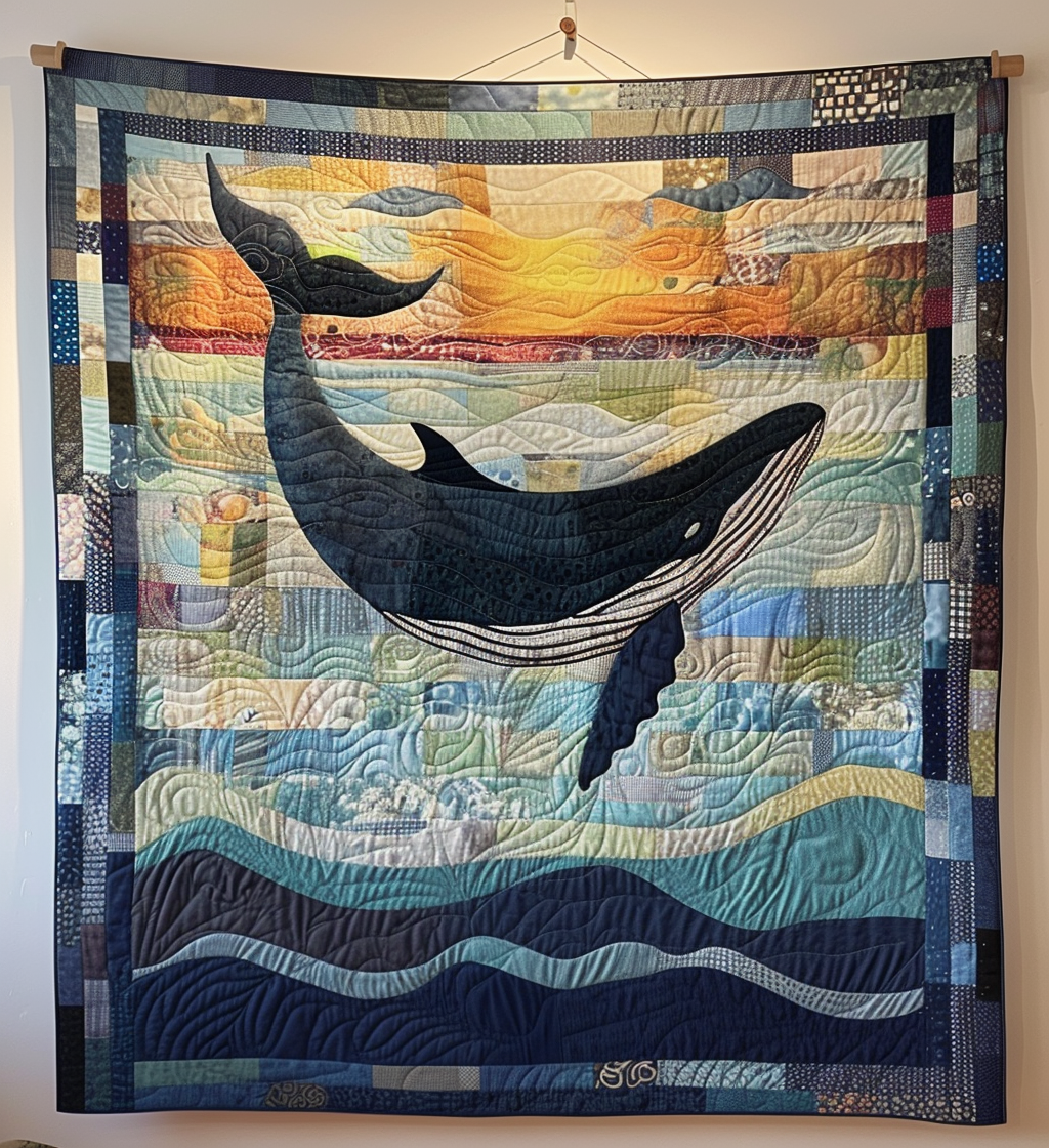 Whale at Sunset quilted throw – whale leaping beneath a golden sunset