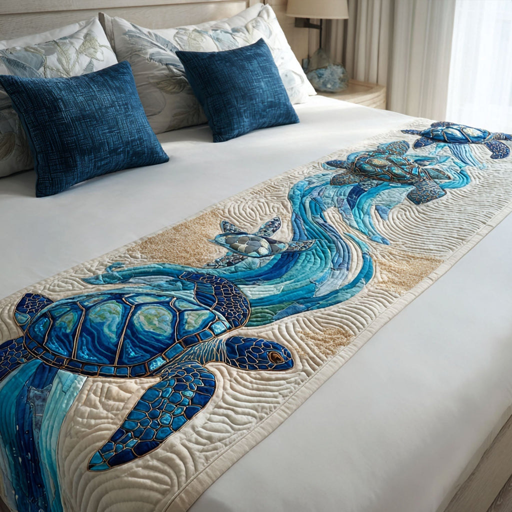 Blue Turtle Swirl quilted bed runner – blue sea turtle in swirling waves