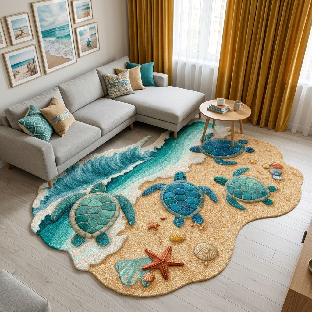 Sea Mosaic Shore shaped rug – turtles on the shore