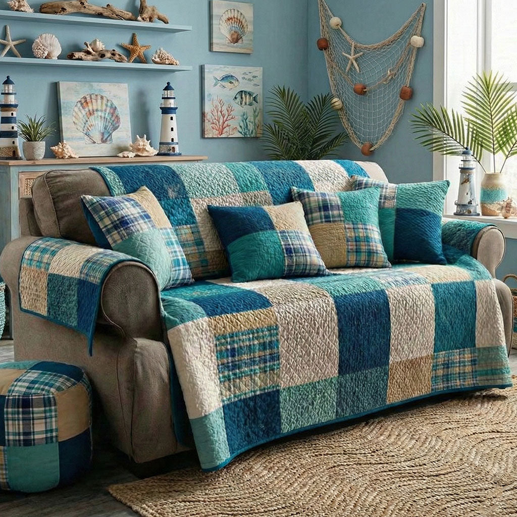 Seaside Plaid quilted sofa cover – blue and teal plaid patchwork