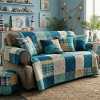 Seaside Plaid quilted sofa cover – blue and teal plaid patchwork