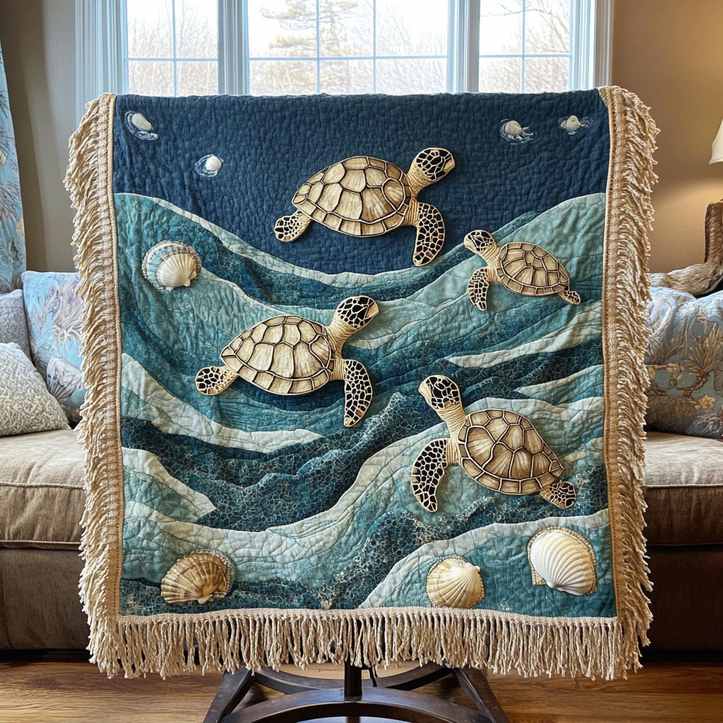 Turtle Swell woven sofa throw – sea turtles on navy waves