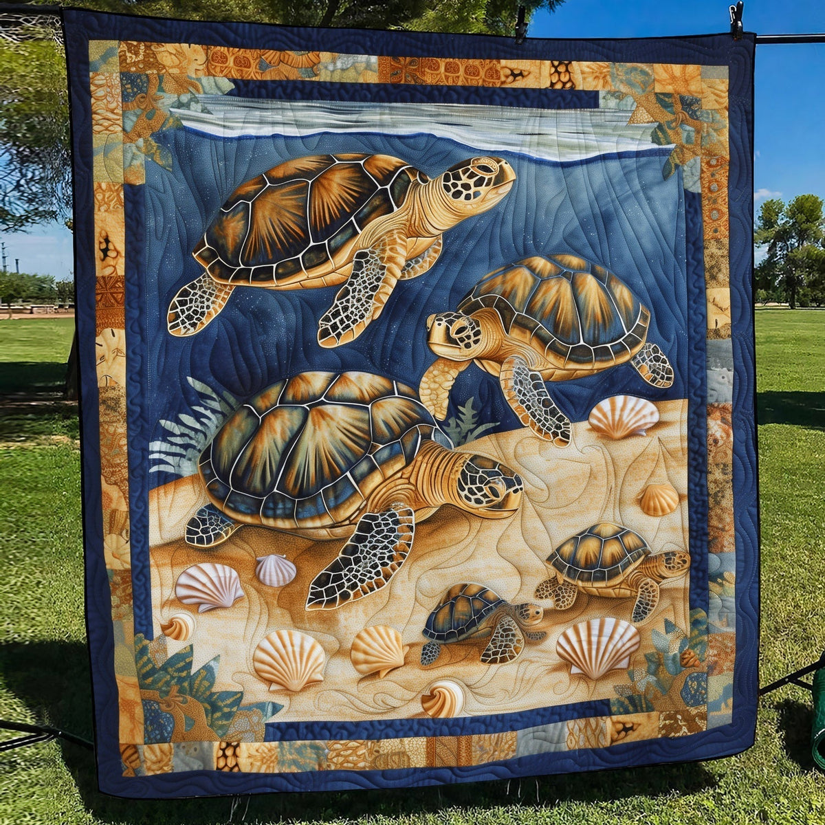 Turtle Family quilted throw – family of sea turtles on a sandy shore