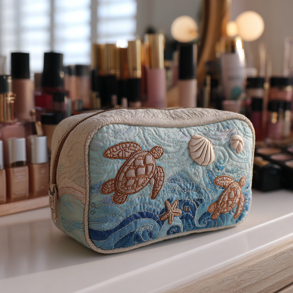 Sea Turtle quilted make-up bag with golden sea turtles and shells on sky blue waves