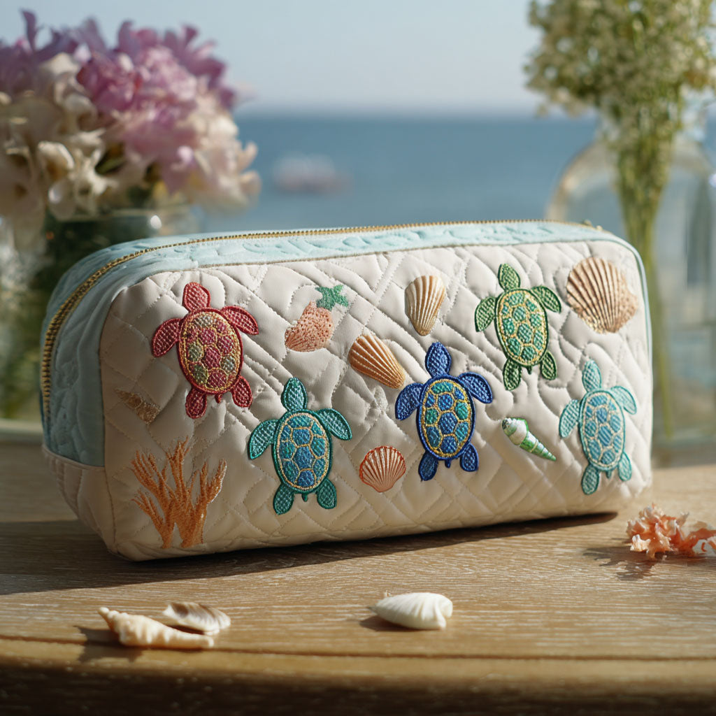 Sea Wanderer quilted make-up bag with small colourful sea turtles and shells on white