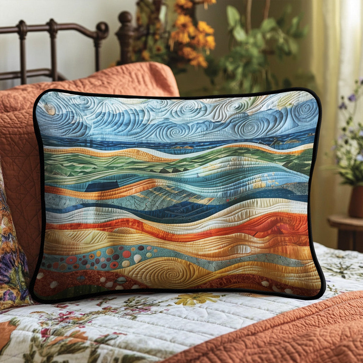 Seafoam Waves quilted pillowcase – rolling waves in blue and seafoam
