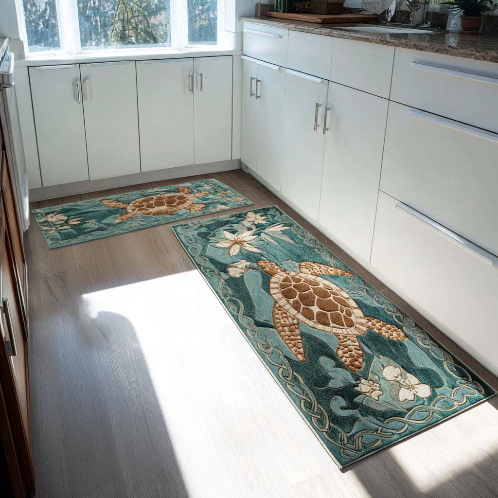 Seafoam Trails kitchen mat set – turtle on seafoam