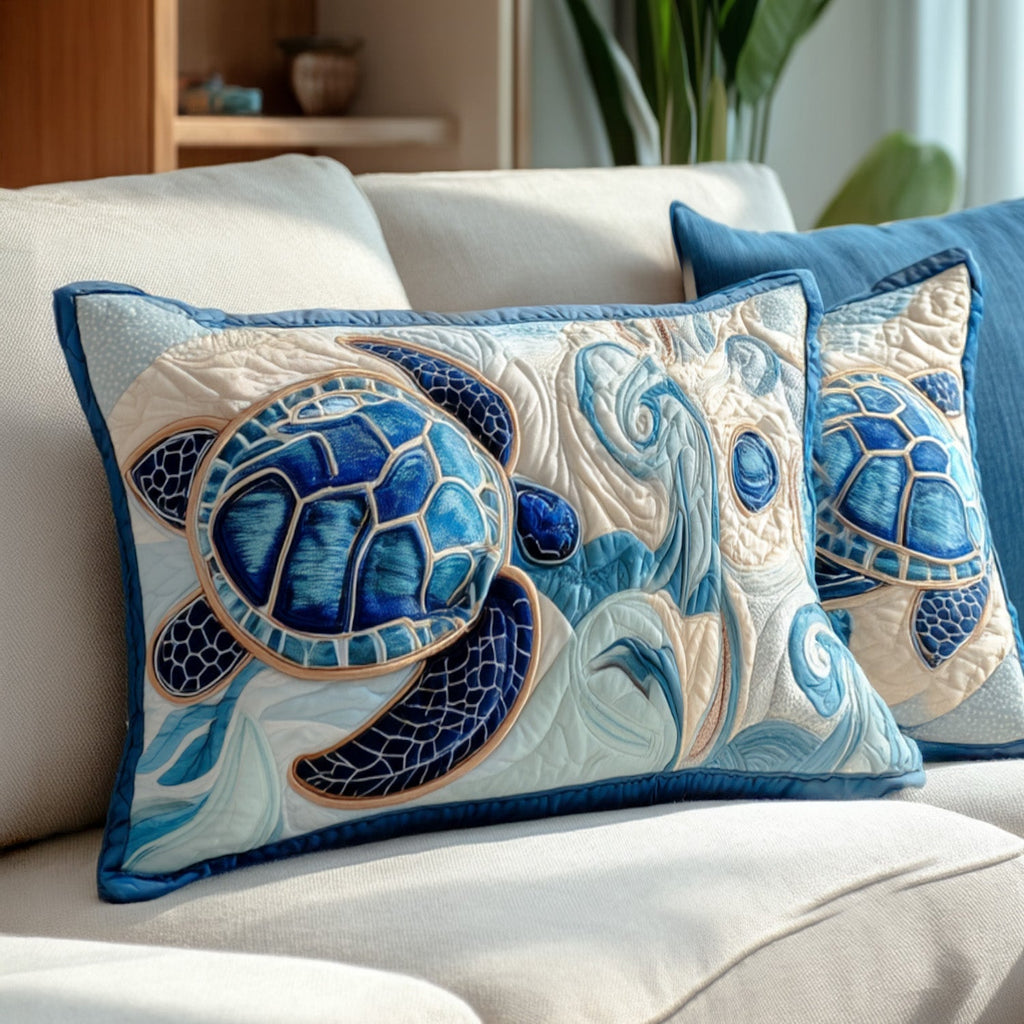 Blue Sea Turtle quilted pillowcase – blue sea turtle in swirling white waves