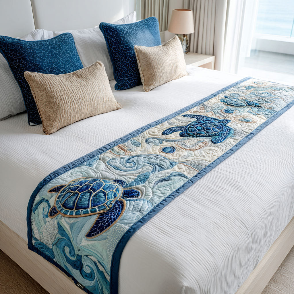 Turtle Swirls on Blue quilted bed runner – navy sea turtle among soft swirls