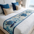 Turtle Swirls on Blue quilted bed runner – navy sea turtle among soft swirls