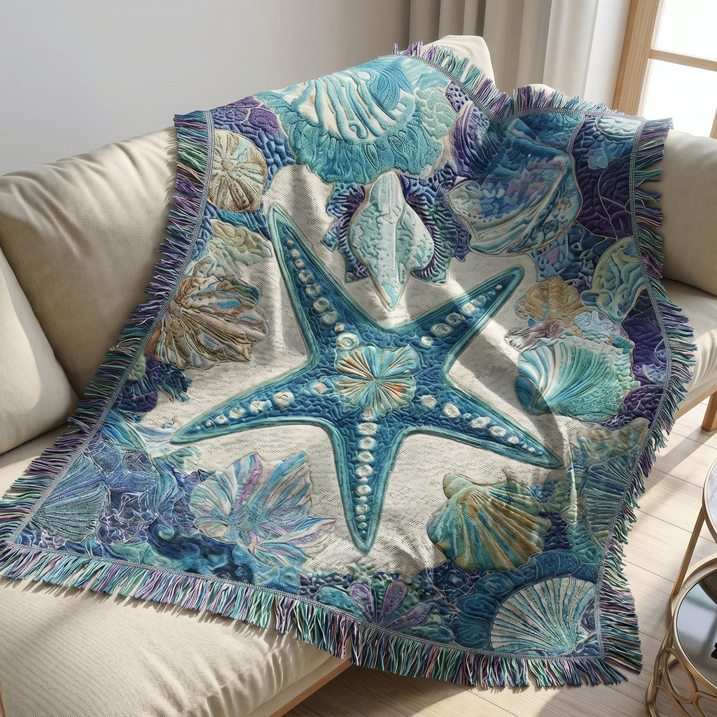 Blue Starfish woven sofa throw – large blue starfish