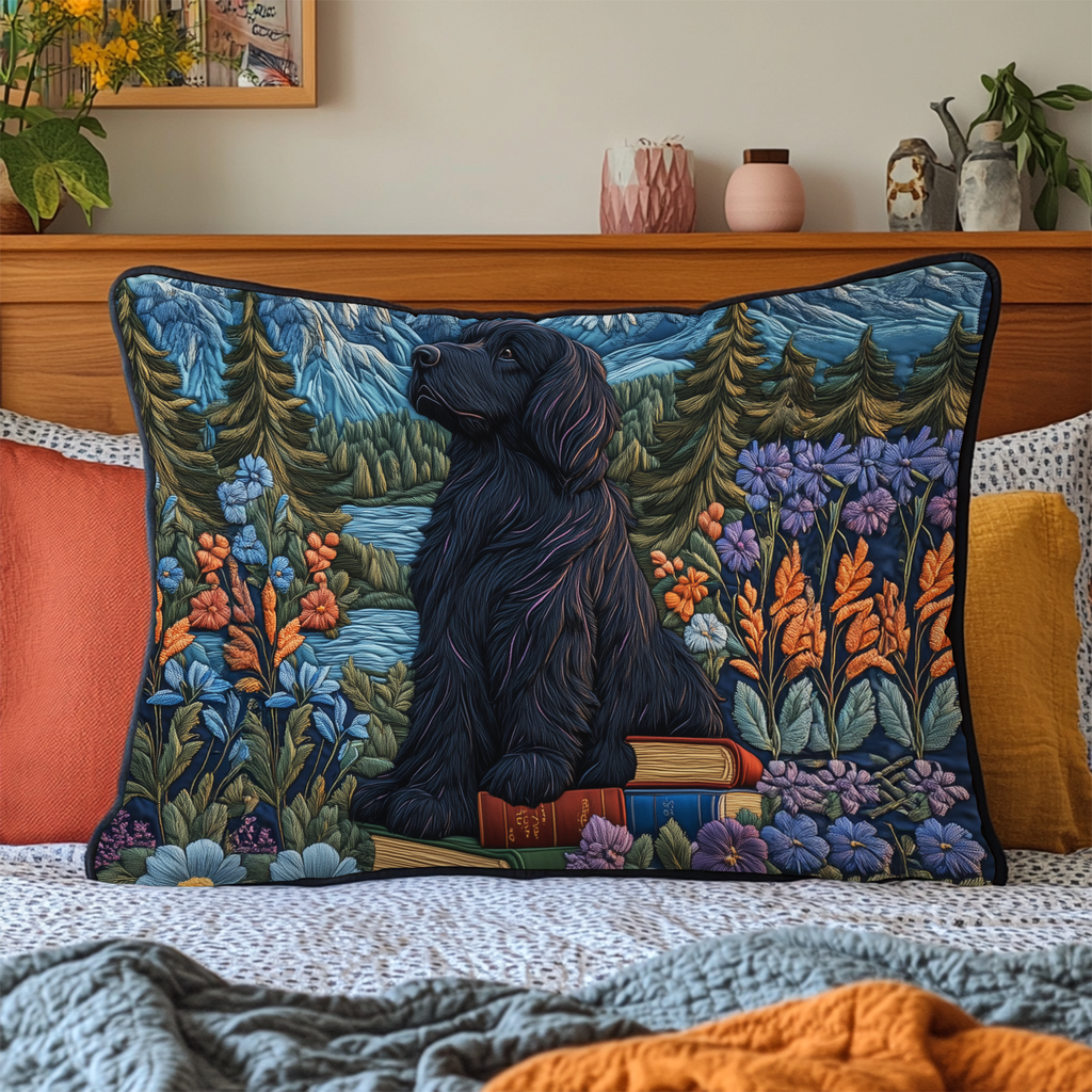 Black Dog in the Garden quilted pillowcase – fluffy black dog among garden flowers