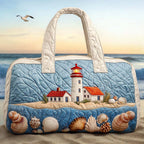 Seaside Glow quilted weekend bag – lighthouse and shells