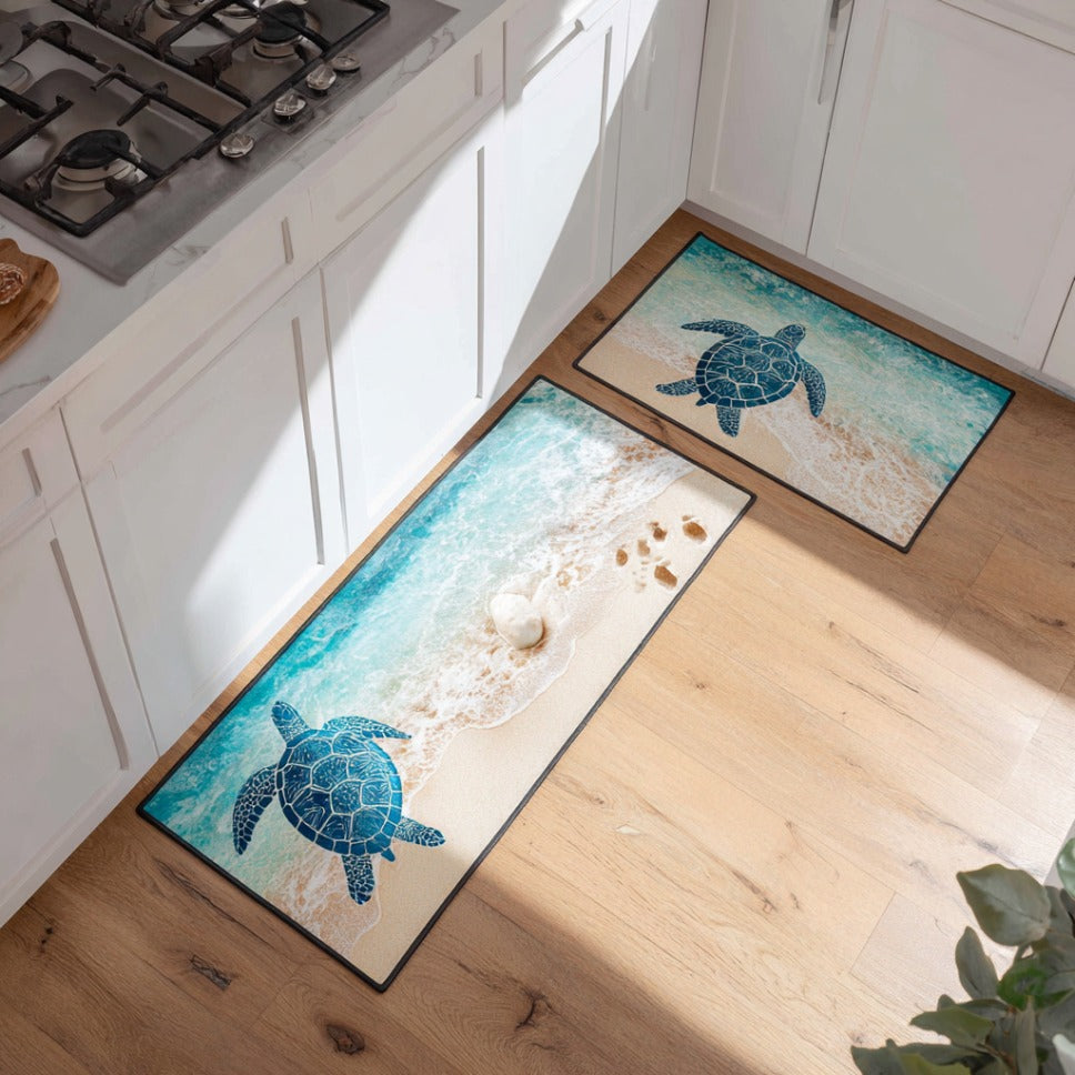 Ocean Harmony kitchen mat set – turtles on the shore