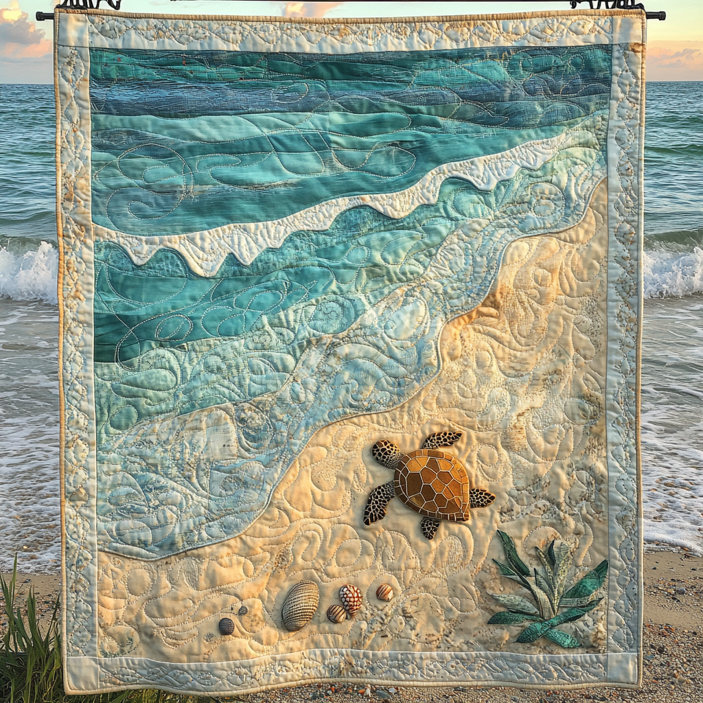 Turtle on the Tide quilted throw – little sea turtle on pale sand by aqua waves