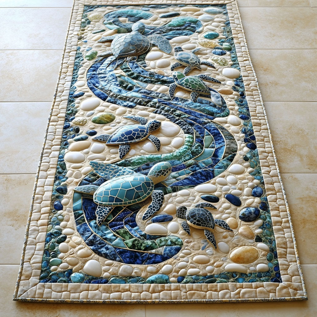 Turtle Wave Path quilted table runner – turtles along a blue wave
