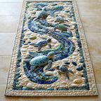 Turtle Wave Path quilted table runner – turtles along a blue wave