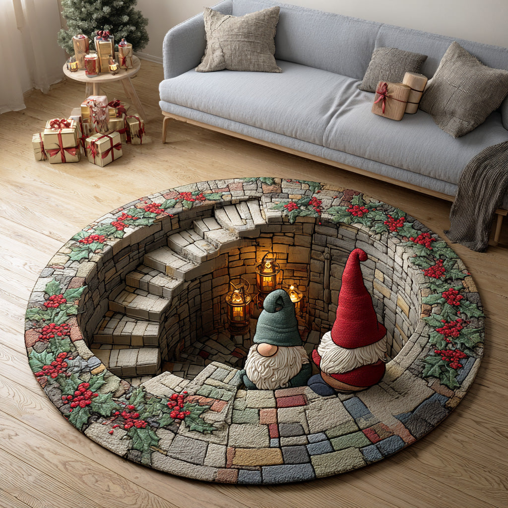 Secret Gnome Lane round rug – gnomes on a stone stair