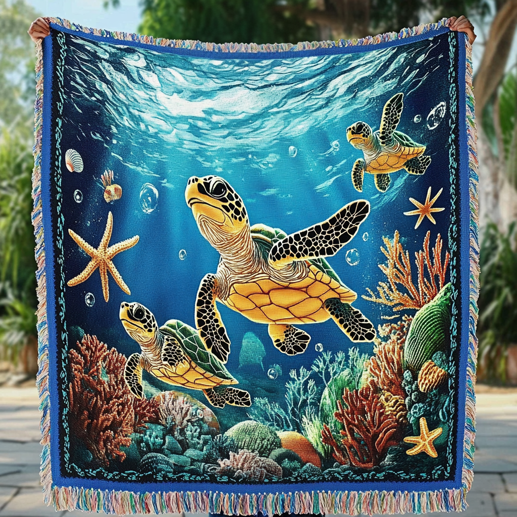 Reef Turtles woven sofa throw – sea turtles among coral