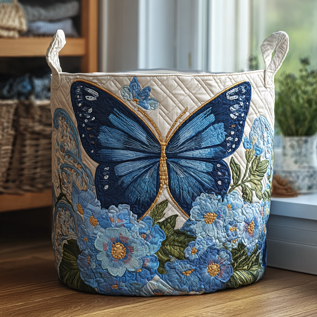 Quilted laundry basket with a large blue butterfly above pale blue flowers