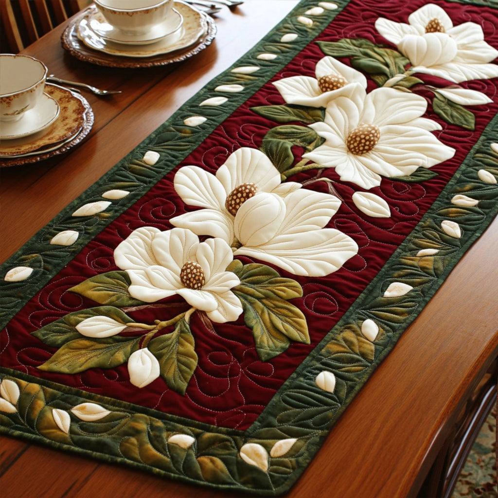 Magnolia on Burgundy quilted table runner – white magnolias on burgundy