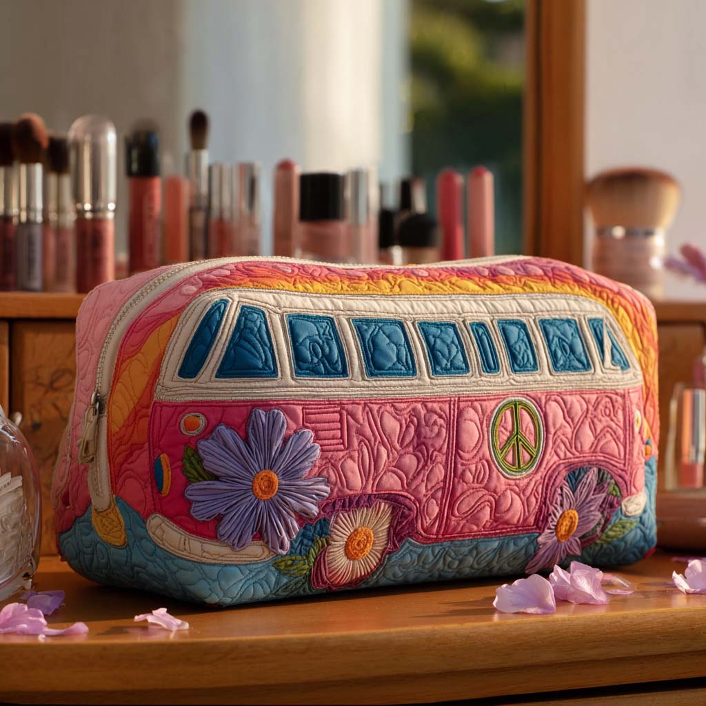 Quilted make-up bag with the Serene Road Trip design of a camper van parked among daisies in soft faded colours with hills behind