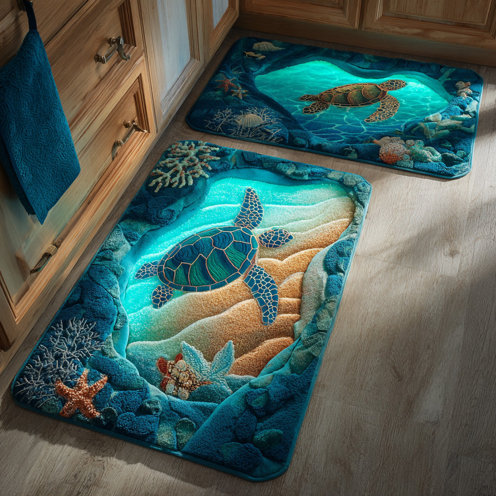 Gentle Flow kitchen mat set – turtles in a lagoon