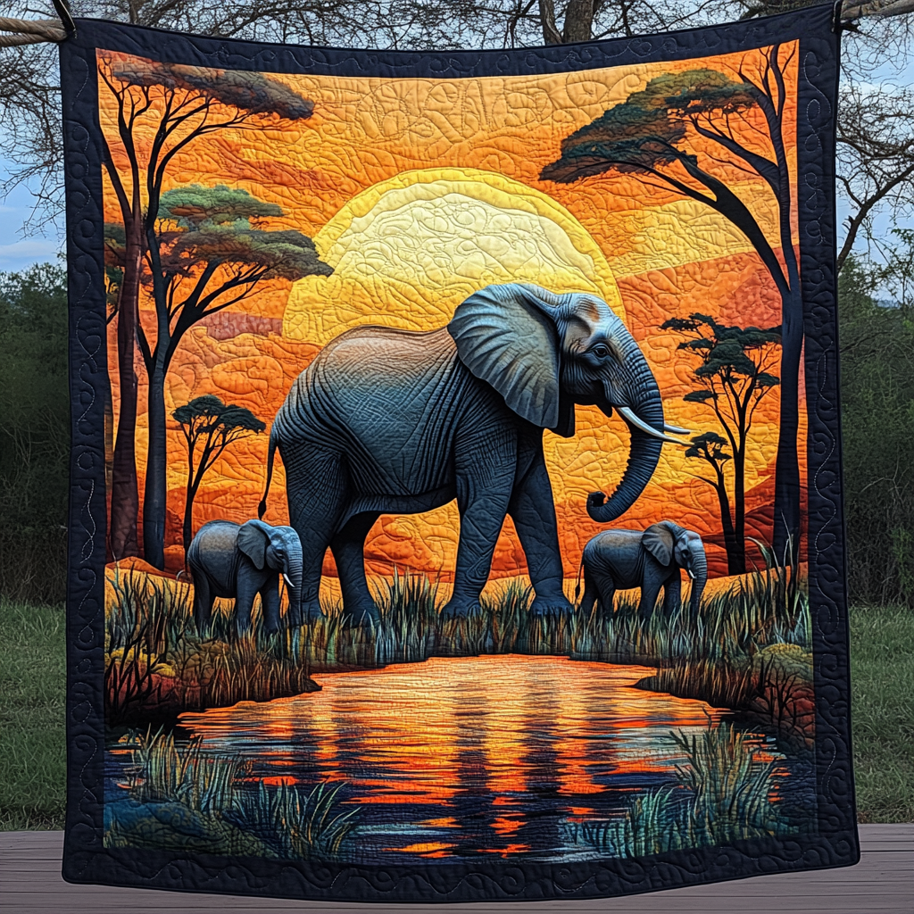 Elephants at Sunset quilted throw – elephant family by a waterhole at sunset