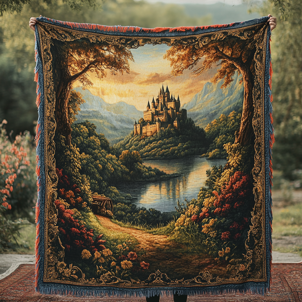 Castle Lake woven sofa throw – castle above a calm lake