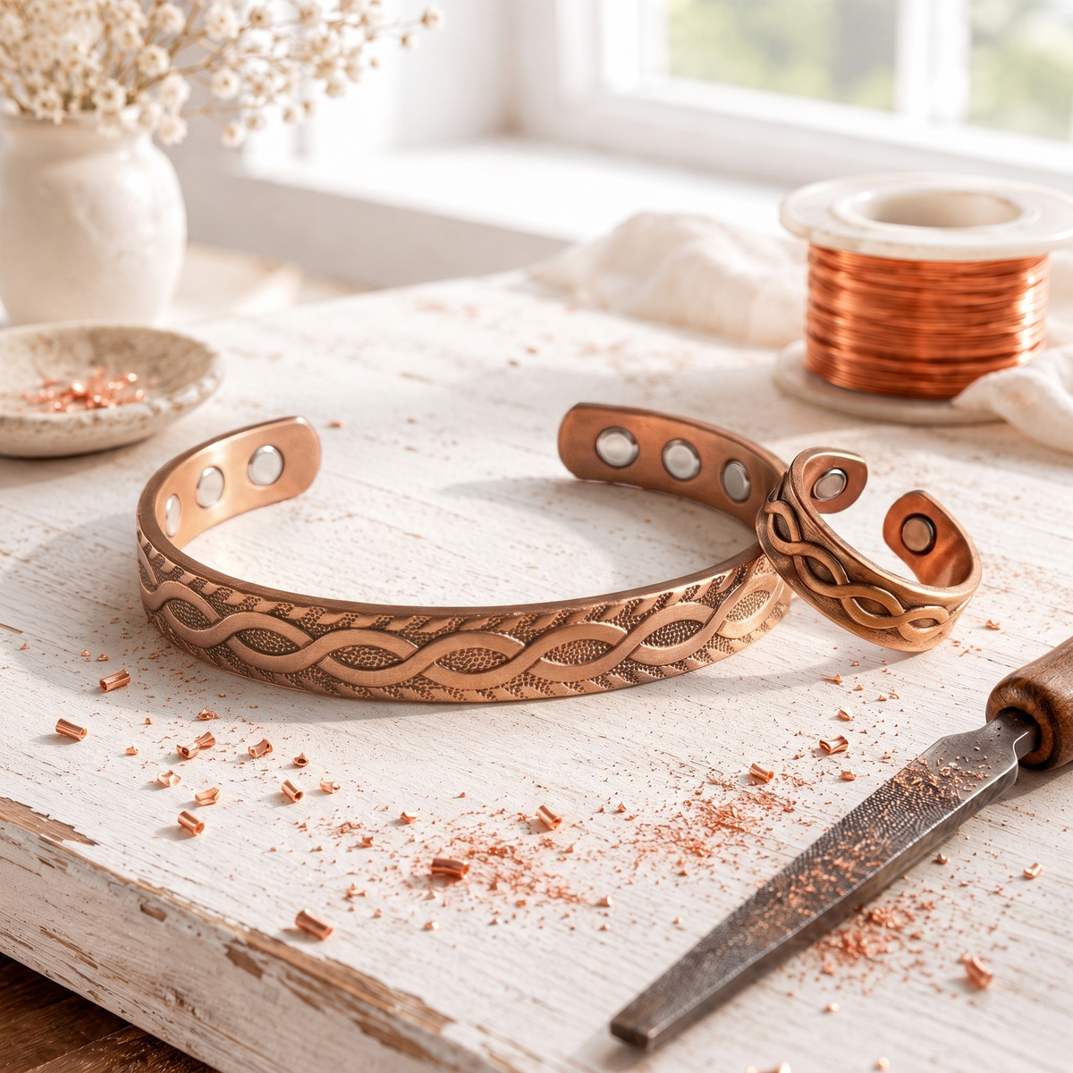 Matching magnetic copper cuff and ring with an interlaced pattern