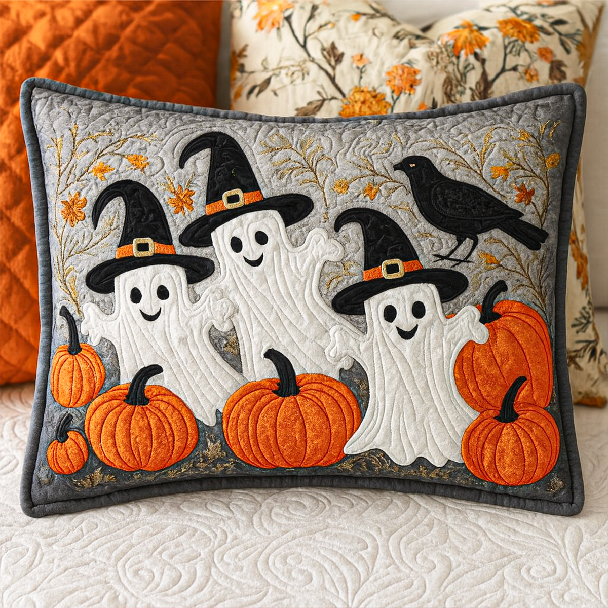 Ghosts in Witch Hats quilted pillowcase – friendly ghosts in witch hats with pumpkins