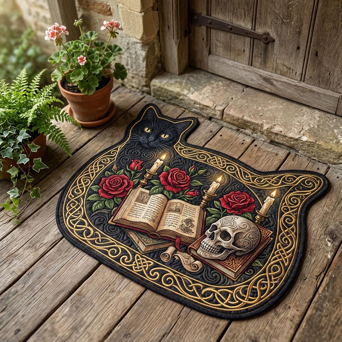 Shadow Cat Grimoire shaped doormat – cat with book and skull