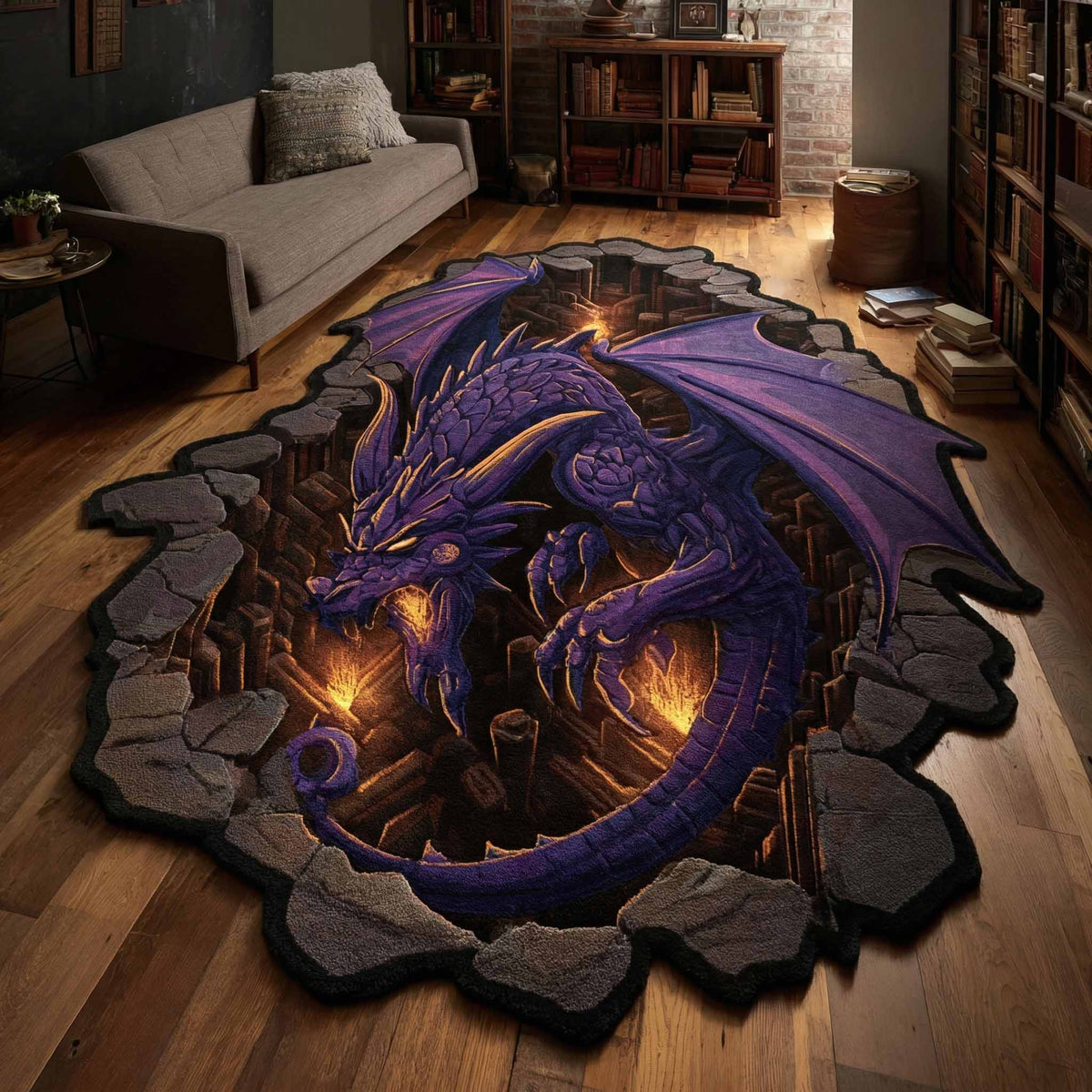 Shadow Flame shaped rug – dragon in a stone pit