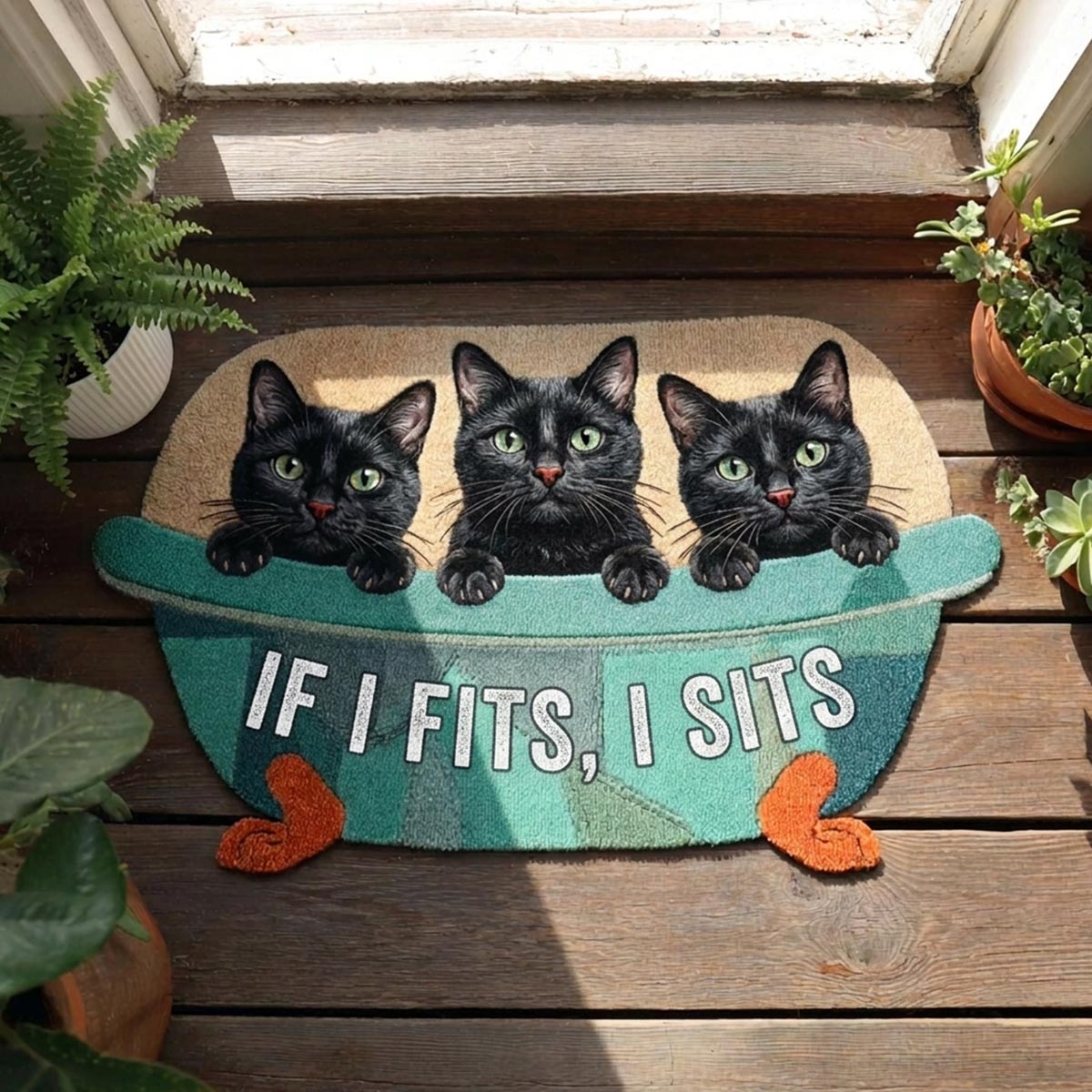 If I Fits I Sits shaped doormat – cats in a box