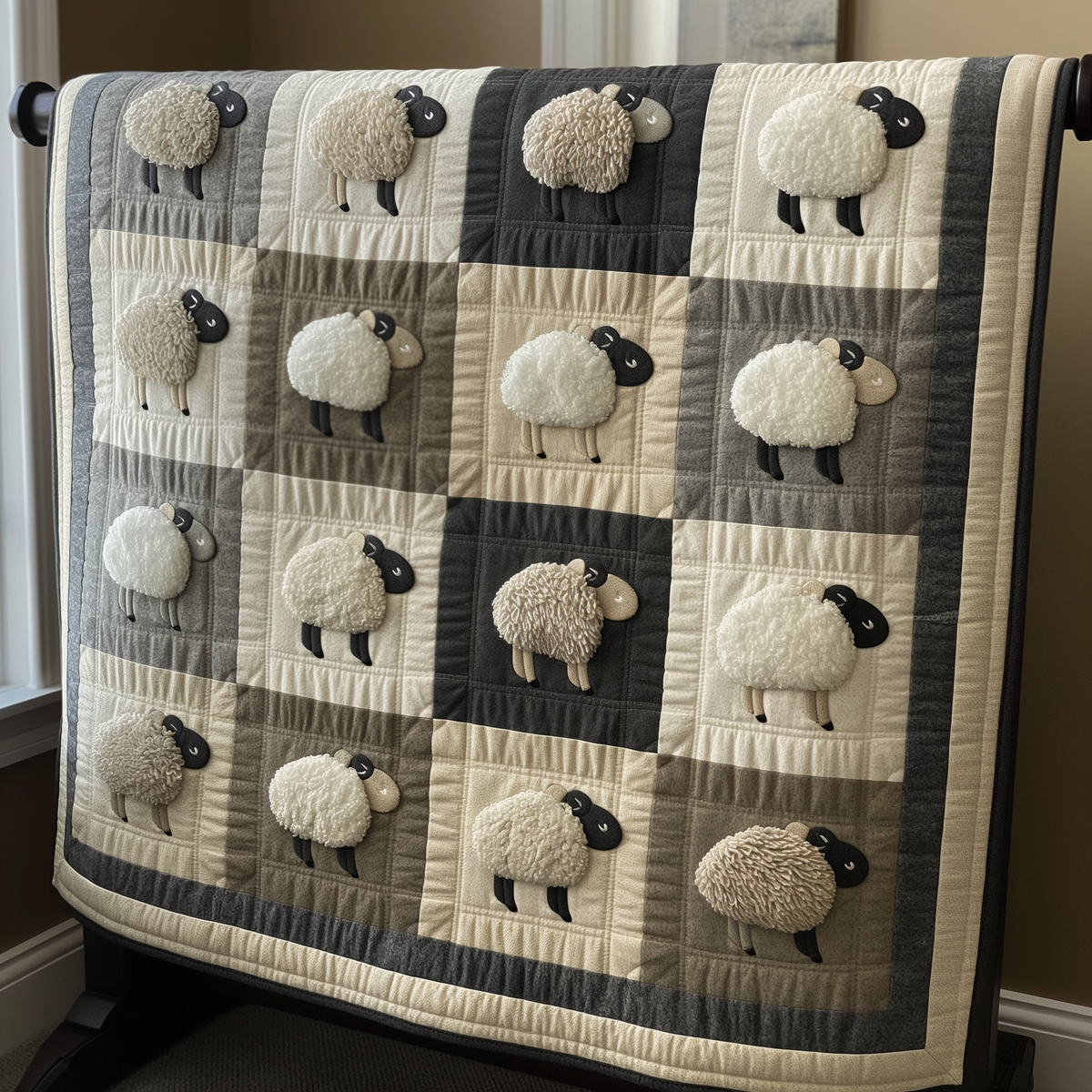 Sheep Checkerboard quilted throw – white sheep in a grey and cream checkerboard