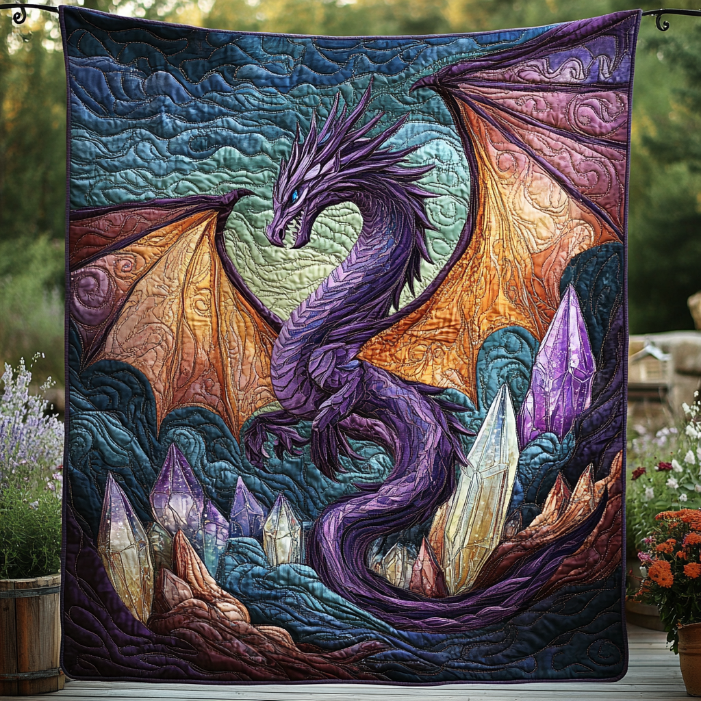 Crystal Cave Dragon quilted throw – purple dragon above glowing crystals