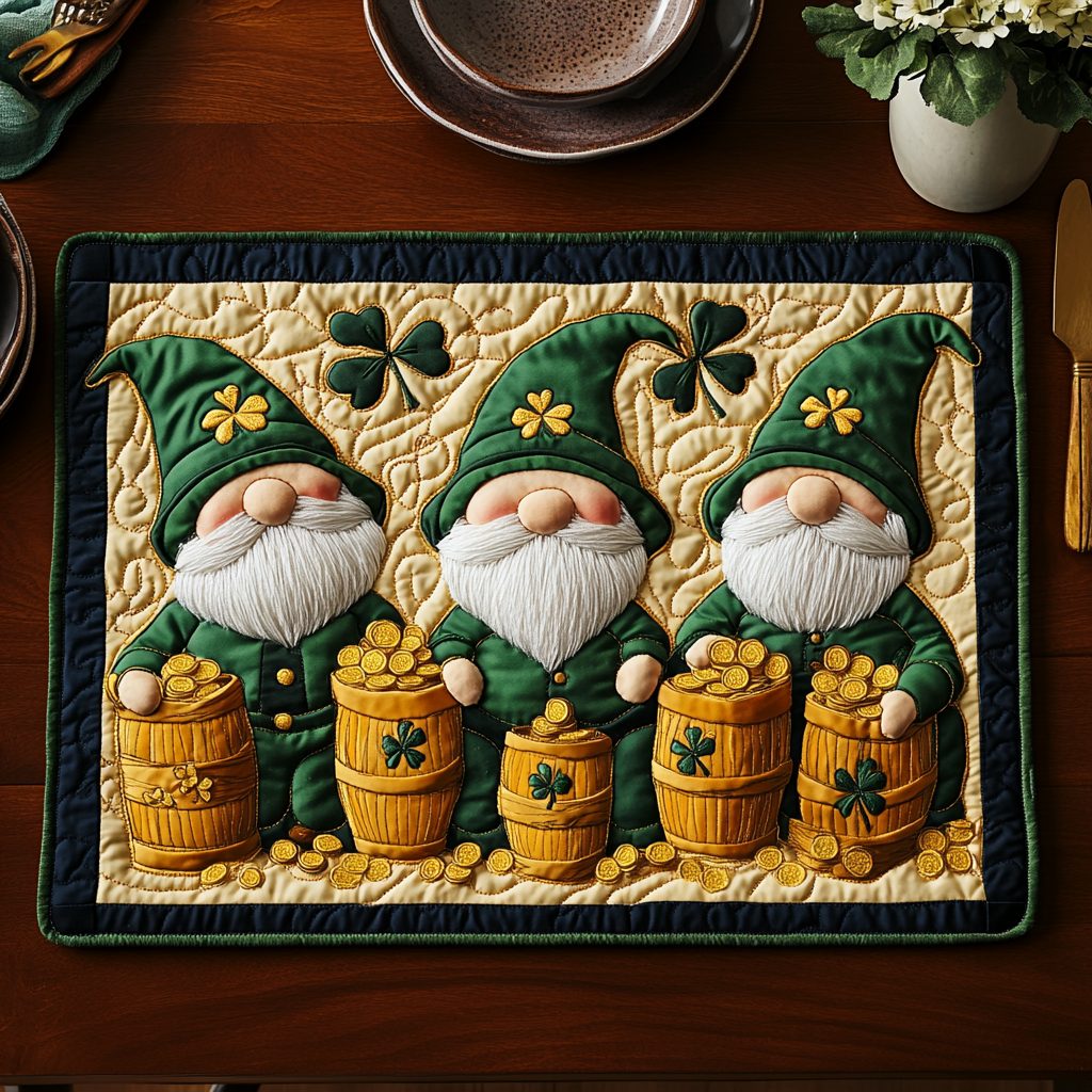 Shamrock Glow quilted placemats – gnomes with pots of gold