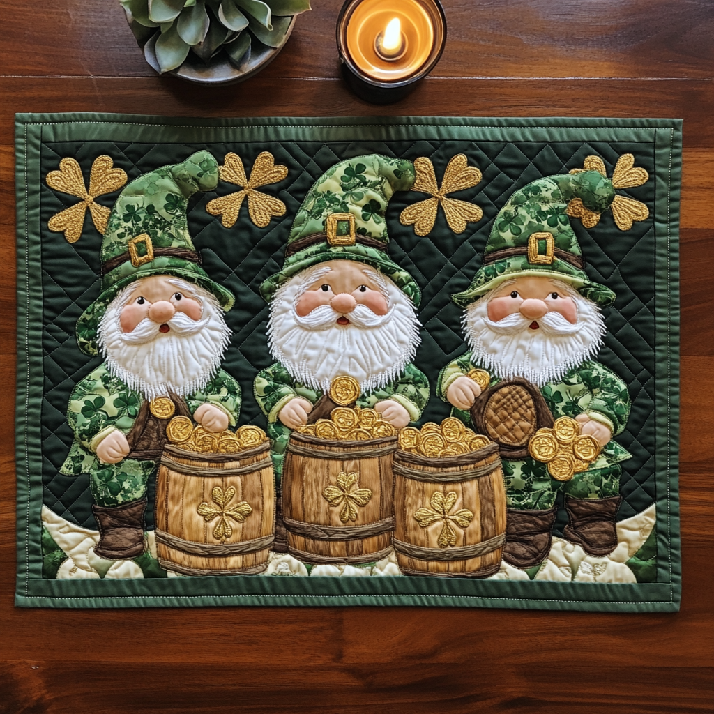 Shamrock Pride quilted placemats – gnomes with barrels