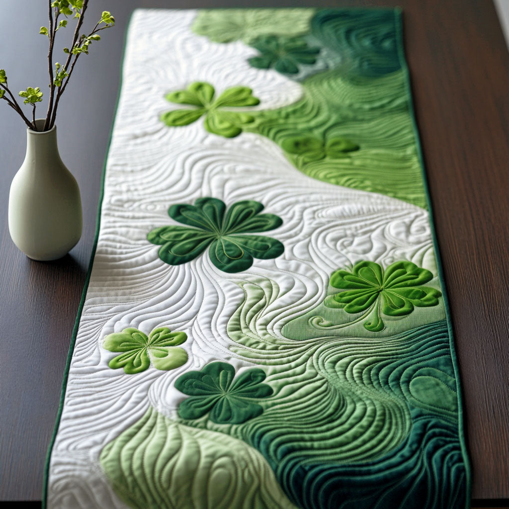 Shamrock Hills quilted table runner – shamrocks above green hills