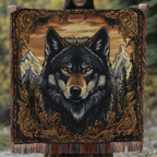 Black Wolf in the Mountains fringed throw – black wolf before snowy mountains